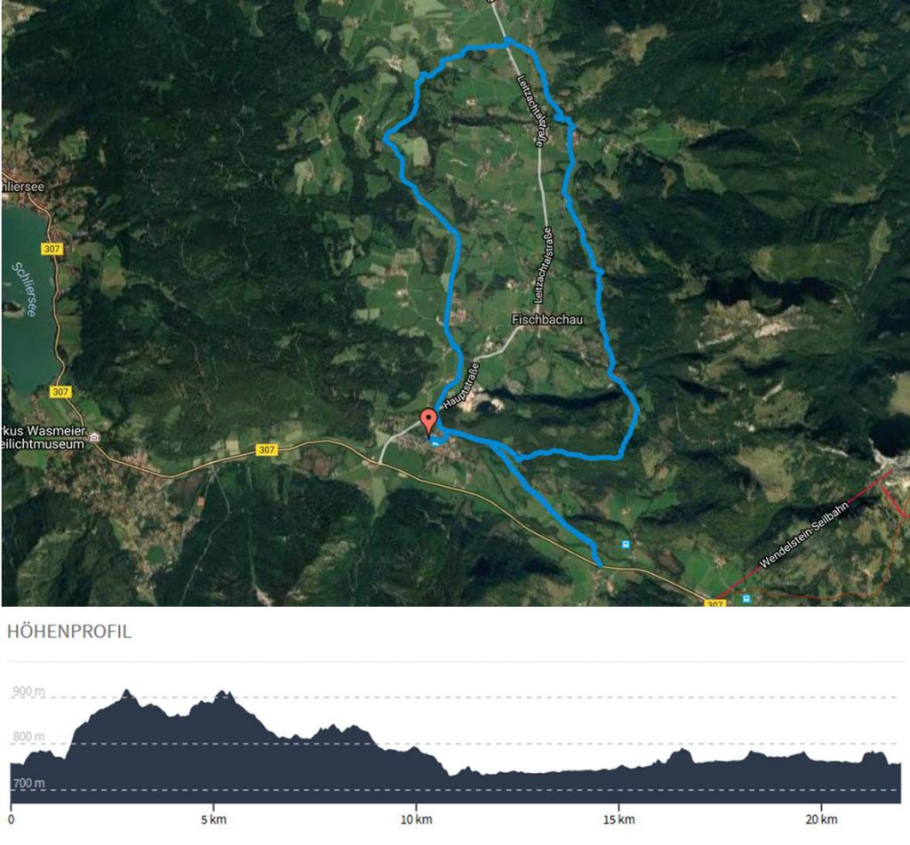 Karte und Höhenmeter der Lauftour rund um Fischbachau